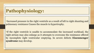 Pathophysiology:
•Increased pressure in the right ventricle as a result of left to right shunting and
pulmonary resistance Causes the muscle to hypertrophy.
•If the right ventricle is unable to accommodate the increased workload, the
right atrium may also enlarge as it attempts to overcome the resistance offered
by incomplete right ventricular emptying. In severe defects Eisenmenger
syndrome may develop.
 
