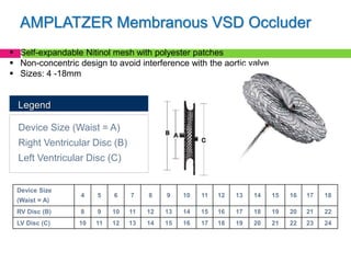 AMPLATZER Membranous VSD Occluder
 Self-expandable Nitinol mesh with polyester patches
 Non-concentric design to avoid interference with the aortic valve
 Sizes: 4 -18mm
Device Size (Waist = A)
Right Ventricular Disc (B)
Left Ventricular Disc (C)
Device Size
(Waist = A)
4 5 6 7 8 9 10 11 12 13 14 15 16 17 18
RV Disc (B) 8 9 10 11 12 13 14 15 16 17 18 19 20 21 22
LV Disc (C) 10 11 12 13 14 15 16 17 18 19 20 21 22 23 24
Legend
 