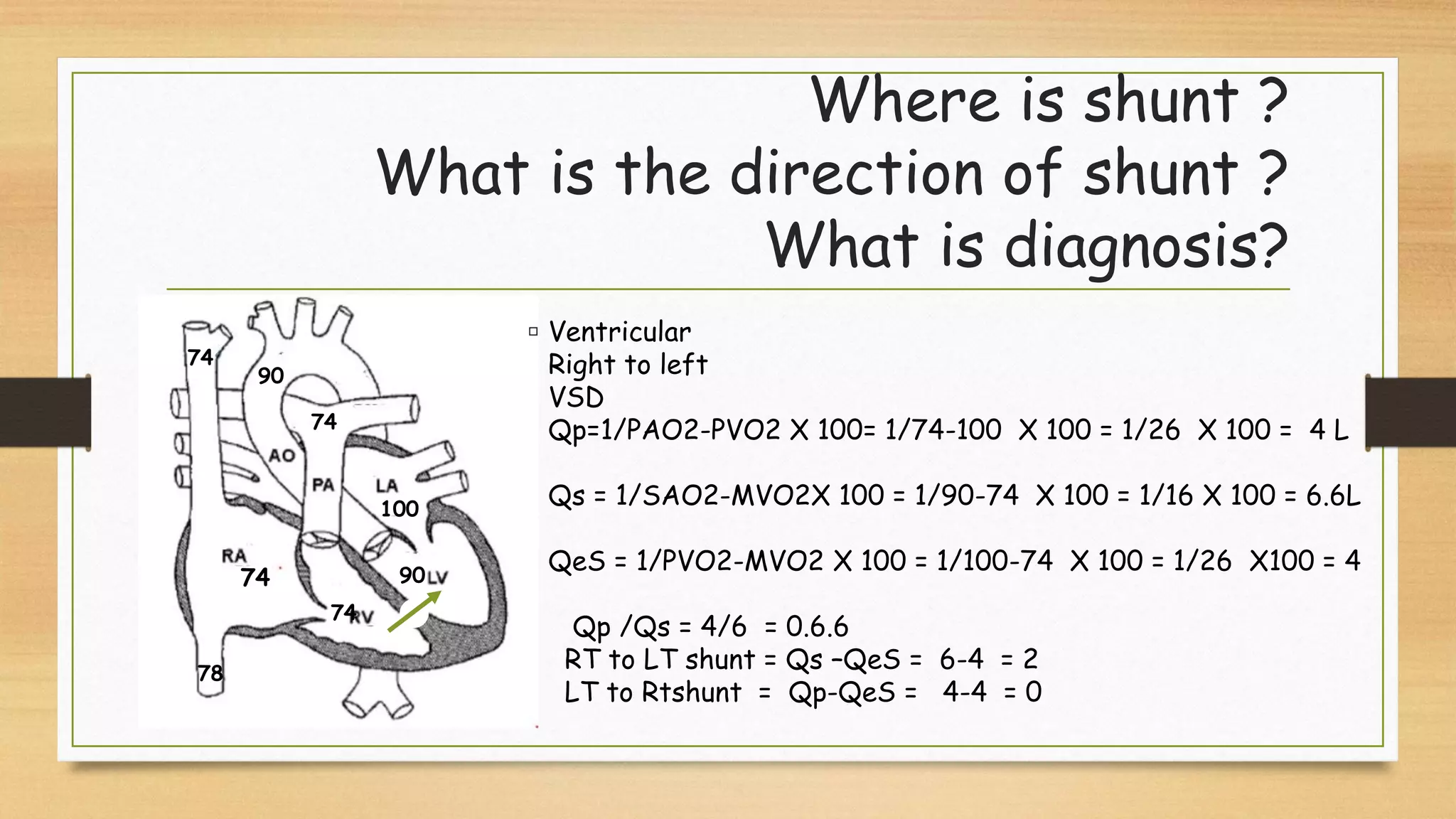 74
78
74
90
74
74
100
90
Where is shunt ?
What is the direction of shunt ?
What is diagnosis?
Ventricular
Right to left
VSD
Qp=1/PAO2-PVO2 X 100= 1/74-100 X 100 = 1/26 X 100 = 4 L
Qs = 1/SAO2-MVO2X 100 = 1/90-74 X 100 = 1/16 X 100 = 6.6L
QeS = 1/PVO2-MVO2 X 100 = 1/100-74 X 100 = 1/26 X100 = 4
Qp /Qs = 4/6 = 0.6.6
RT to LT shunt = Qs –QeS = 6-4 = 2
LT to Rtshunt = Qp-QeS = 4-4 = 0
 