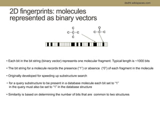 2D fingerprints: molecules 
represented as binary vectors 
dsdht.wikispaces.com 
• Each bit in the bit string (binary vector) represents one molecular fragment. Typical length is ~1000 bits 
• The bit string for a molecule records the presence (“1”) or absence (“0”) of each fragment in the molecule 
• Originally developed for speeding up substructure search 
− for a query substructure to be present in a database molecule each bit set to “1” 
in the query must also be set to “1” in the database structure 
• Similarity is based on determining the number of bits that are common to two structures 
 