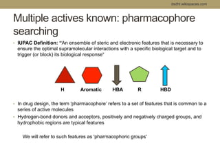 dsdht.wikispaces.com 
Multiple actives known: pharmacophore 
searching 
• IUPAC Definition: “An ensemble of steric and electronic features that is necessary to 
ensure the optimal supramolecular interactions with a specific biological target and to 
trigger (or block) its biological response“ 
H Aromatic HBA R HBD 
• In drug design, the term 'pharmacophore‘ refers to a set of features that is common to a 
series of active molecules 
• Hydrogen-bond donors and acceptors, positively and negatively charged groups, and 
hydrophobic regions are typical features 
We will refer to such features as 'pharmacophoric groups' 
 