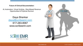 © 2019 ScribeEMR Inc., All rights reserved
Future of Clinical Documentation:
AI, Automation, Virtual Scribing...Stop Missed Revenue
Opportunities & Physician Burnout
Daya Shankar
daya@scribeemr.com
617-283-8067
www.scribeemr.com
www.scribeemr.com
 