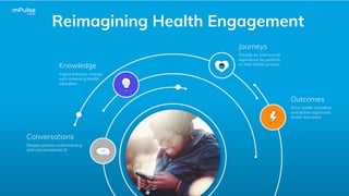 Conversations
Deepen patient understanding
with conversational AI
Reimagining Health Engagement
Inspire behavior change
with streaming health
education
Journeys
Provide an end-to-end
experience for patients
on their health journey.
Outcomes
Drive health activation
and deliver significant
health outcomes
Knowledge
 