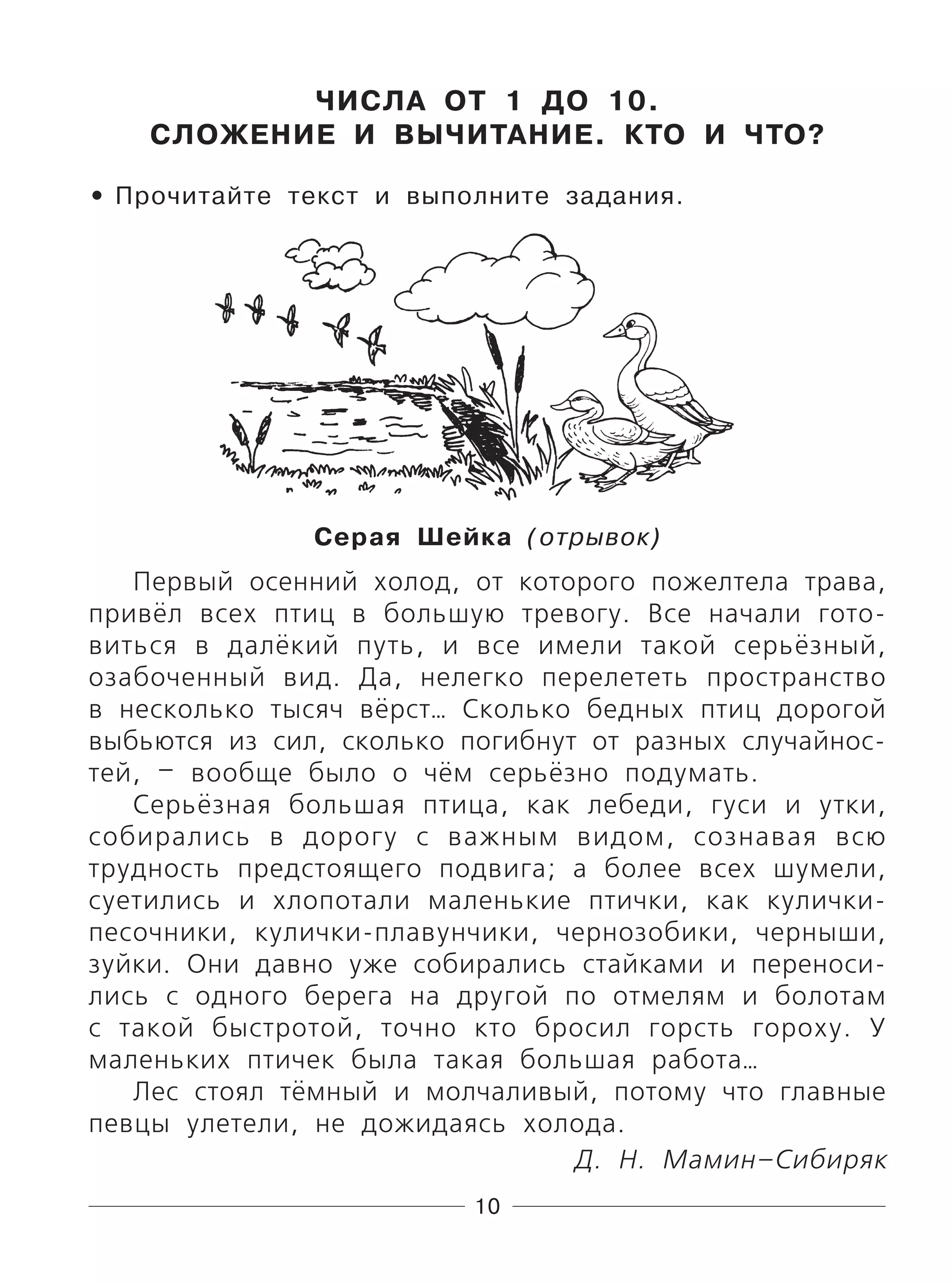 10
ЧИСЛА ОТ 1 ДО 10.
СЛОЖЕНИЕ И ВЫЧИТАНИЕ. КТО И ЧТО?
Прочитайте текст и выполните задания.
Серая Шейка (отрывок)
Первый осенний холод, от которого пожелтела трава,
привёл всех птиц в большую тревогу. Все начали гото-
виться в далёкий путь, и все имели такой серьёзный,
озабоченный вид. Да, нелегко перелететь пространство
в несколько тысяч вёрст… Сколько бедных птиц дорогой
выбьются из сил, сколько погибнут от разных случайнос-
тей, – вообще было о чём серьёзно подумать.
Серьёзная большая птица, как лебеди, гуси и утки,
собирались в дорогу с важным видом, сознавая всю
трудность предстоящего подвига; а более всех шумели,
суетились и хлопотали маленькие птички, как кулички-
песочники, кулички-плавунчики, чернозобики, черныши,
зуйки. Они давно уже собирались стайками и переноси-
лись с одного берега на другой по отмелям и болотам
с такой быстротой, точно кто бросил горсть гороху. У
маленьких птичек была такая большая работа…
Лес стоял тёмный и молчаливый, потому что главные
певцы улетели, не дожидаясь холода.
Д. Н. Мамин–Сибиряк
•
 