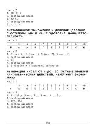 113
Часть 2
1. 70, 0, 0
2. свободный ответ
3. 12 см2
4. свободный ответ
5. >, >, =
ВНЕТАБЛИЧНОЕ УМНОЖЕНИЕ И ДЕЛЕНИЕ. ДЕЛЕНИЕ
С ОСТАТКОМ. МЫ И НАШЕ ЗДОРОВЬЕ. НАША БЕЗО-
ПАСНОСТЬ
Часть 1
1 2 3 4 5 6 7 8 9 10
Б А А В Г В Б Г А Б
Часть 2
1. 8 (ост. 4), 3 (ост. 1), 9 (ост. 2), 5 (ост. 6)
2. свободный ответ
3. 87
4. свободный ответ
5. 5 коробок и 1 карандаш останется
НУМЕРАЦИЯ ЧИСЕЛ ОТ 1 ДО 100. УСТНЫЕ ПРИЕМЫ
АРИФМЕТИЧЕСКИХ ДЕЙСТВИЙ. ЧЕМУ УЧИТ ЭКОНО-
МИКА
Часть 1
1 2 3 4 5 6 7 8 9 10
Г А Б Б В Г Б А А В
Часть 2
1. 1 с. 6 д. 3 ед.; 7 с. 9 ед.; 4 с. 5 д.
2. свободный ответ
3. 170, 150
4. свободный ответ
5. свободный ответ
 