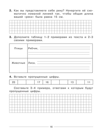 16
2. Как вы представляете себе реку? Начертите её схе-
матично ломаной линией так, чтобы общая длина
вашей «реки» была равна 15 см.
3. Дополните таблицу 1–2 примерами из текста и 2–3
своими примерами.
Птицы Рябчик,
Животные Лиса,
4. Вставьте пропущенные цифры.
20 17 16 13 11
Составьте 3–4 примера, ответами к которым будут
пропущенные цифры.
 