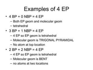 Examples of 4 EP 4 BP + 0 NBP = 4 EP Both EP geom and molecular geom tetrahedral 3 BP + 1 NBP = 4 EP 4 EP so EP geom is tetrahedral Molecular geom is TRIGONAL PYRAMIDAL  No atom at top location  2 BP + 2 NBP = 4 EP 4 EP so EP geom is tetrahedral Molecular geom is BENT  no atoms at two locations 