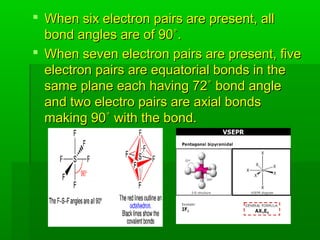  When six electron pairs are present, allWhen six electron pairs are present, all
bond angles are of 90˚.bond angles are of 90˚.
 When seven electron pairs are present, fiveWhen seven electron pairs are present, five
electron pairs are equatorial bonds in theelectron pairs are equatorial bonds in the
same plane each having 72˚ bond anglesame plane each having 72˚ bond angle
and two electro pairs are axial bondsand two electro pairs are axial bonds
making 90˚ with the bond.making 90˚ with the bond.
 