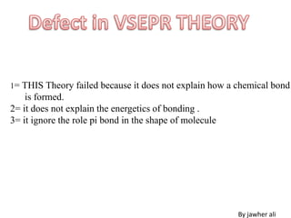 1= THIS Theory failed because it does not explain how a chemical bond
is formed.
2= it does not explain the energetics of bonding .
3= it ignore the role pi bond in the shape of molecule
By jawher ali
 
