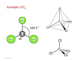 Example- CCl4
109.5°
Cl
C
Cl
Cl
Cl
Cl
C
Cl
Cl
Cl
05.12.2012
 