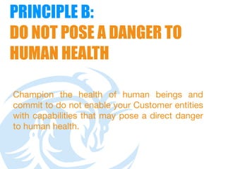 PRINCIPLE B:  
DO NOT POSE A DANGER TO
HUMAN HEALTH
Champion the health of human beings and
commit to do not enable your Customer entities
with capabilities that may pose a direct danger
to human health.
 
