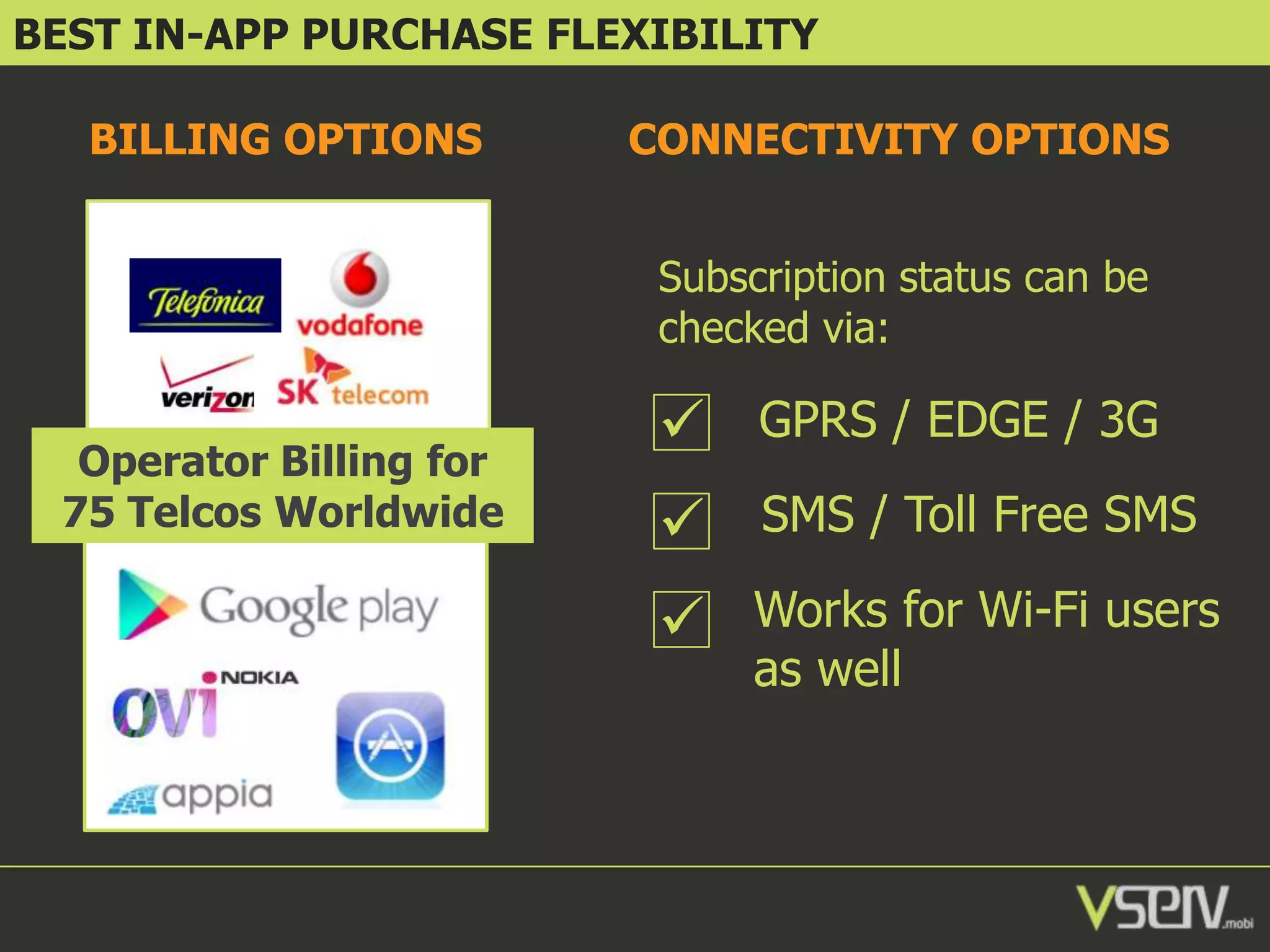 BEST IN-APP PURCHASE FLEXIBILITY
BILLING OPTIONS

CONNECTIVITY OPTIONS
Subscription status can be
checked via:

Operator Billing for
75 Telcos Worldwide

 GPRS / EDGE / 3G
 SMS / Toll Free SMS
 Works for Wi-Fi users
as well

 