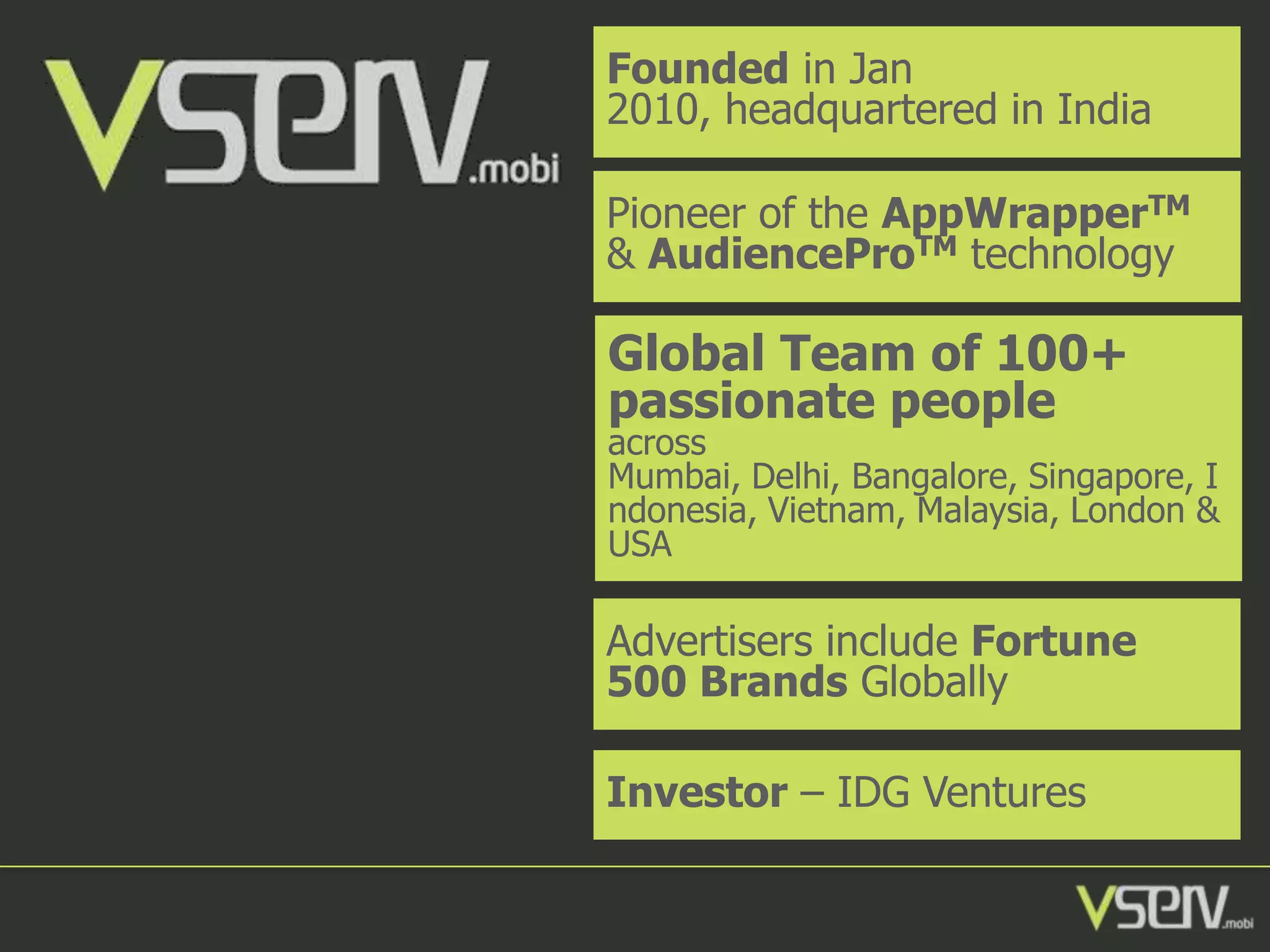 Founded in Jan
2010, headquartered in India
Pioneer of the AppWrapperTM
& AudienceProTM technology

Global Team of 100+
passionate people

across
Mumbai, Delhi, Bangalore, Singapore, I
ndonesia, Vietnam, Malaysia, London &
USA

Advertisers include Fortune
500 Brands Globally
Investor – IDG Ventures

 