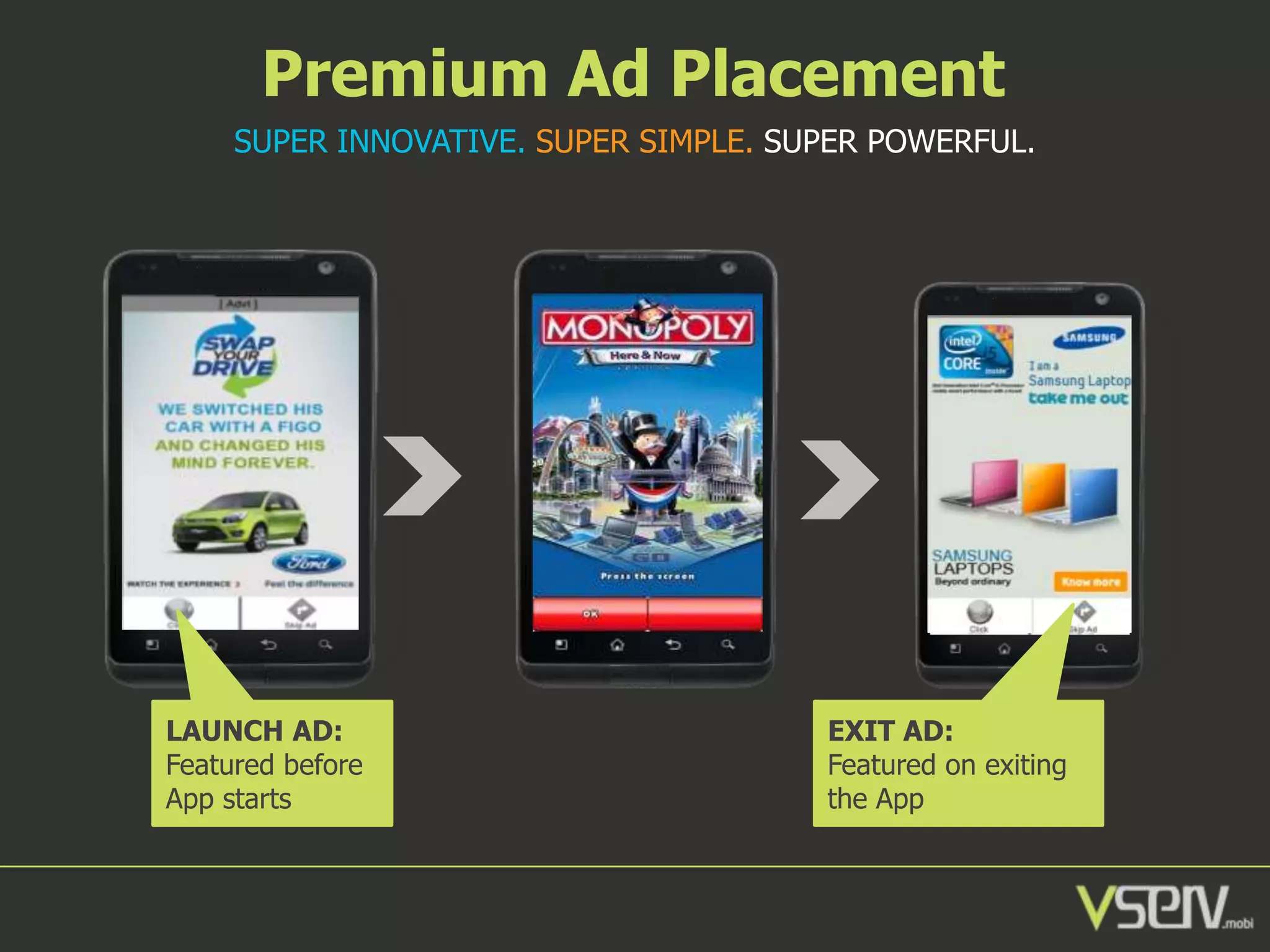 Premium Ad Placement
SUPER INNOVATIVE. SUPER SIMPLE. SUPER POWERFUL.

LAUNCH AD:
Featured before
App starts

EXIT AD:
Featured on exiting
the App

 