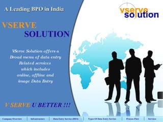 A Leading BPO in India VServe Solution offers a Broad menu of data entry Related services  which includes online, offline and image Data Entry VSERVE SOLUTION Company Overview Infrastructure Data Entry Service (DES) Types Of Data Entry Service Process Flow Services V SERVE   U BETTER !!! 