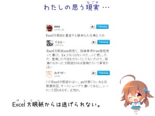 わたしの思う
な ご や
現実・・・
げ ん じ つ
Excel 方眼紙からは逃げられない。
 