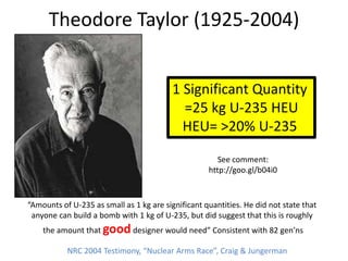 Theodore Taylor (1925-2004)


                                          1 Significant Quantity
                                            =25 kg U-235 HEU
                                            HEU= >20% U-235

                                                       See comment:
                                                    http://goo.gl/b04i0



“Amounts of U-235 as small as 1 kg are significant quantities. He did not state that
 anyone can build a bomb with 1 kg of U-235, but did suggest that this is roughly
    the amount that good designer would need” Consistent with 82 gen’ns

           NRC 2004 Testimony, “Nuclear Arms Race”, Craig & Jungerman
 