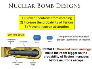 1) Prevent neutrons from escaping
          2) Increase the probability of fissions
              3) Prevent neutron absorption

GUN TYPE BOMB
                                     Two pieces of subcritical HEU
                                    brought together for an instant!


                          RECALL: Crowded room analogy
                            make the room bigger so the
                           probability of fission increases
                              before neutrons escape!
 