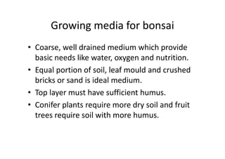 Growing media for bonsai
• Coarse, well drained medium which provide
basic needs like water, oxygen and nutrition.
• Equal portion of soil, leaf mould and crushed
bricks or sand is ideal medium.bricks or sand is ideal medium.
• Top layer must have sufficient humus.
• Conifer plants require more dry soil and fruit
trees require soil with more humus.
 
