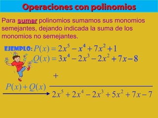 Operaciones con polinomiosOperaciones con polinomios
Para sumarsumar polinomios sumamos sus monomios
semejantes, dejando indicada la suma de los
monomios no semejantes.
Ejemplo: 172)( 245
++−= xxxxP
87223)( 234
−+−−= xxxxxQ
)()( xQxP +
5
2x 4
x− 2
7x+ 1+
4
3x 3
2x− 2
2x− x7+ 8−
775222 2345
−++−+ xxxxx
+
 