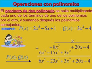 Operaciones con polinomiosOperaciones con polinomios
El producto de dos polinomioproducto de dos polinomio se halla multiplicando
cada uno de los términos de uno de los polinomios
por el otro, y sumando después los polinomios
semejantes.
Ejemplo: 43)(152)( 23
−=+−= xxQxxxP
)()( xQxP ⋅
43 2
−x
4203236 235
−++− xxxx
×
152 3
+− xx
4208 3
−+− xx
235
3156 xxx +−
+
 