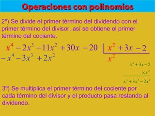 Operaciones con polinomiosOperaciones con polinomios
2º) Se divide el primer término del dividendo con el
primer término del divisor, así se obtiene el primer
término del cociente.
3
2x−4
x 2
11x− x30+ 20− 2
x x3+ 2−
2
x
3º) Se multiplica el primer término del cociente por
cada término del divisor y el producto pasa restando al
dividendo.
2
x4
x
234
2
2
23
23
xxx
x
xx
−+
×
−+
234
23 xxx +−−
 
