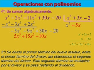 Operaciones con polinomiosOperaciones con polinomios
3
2x−4
x 2
11x− x30+ 20− 2
x x3+ 2−
4º) Se suman algebraicamente.
5º) Se divide el primer término del nuevo residuo, entre
el primer término del divisor, así obtenemos el segundo
término del divisor. Este segundo término se multiplica
por el divisor y se pasa restando al dividendo.
2
x
234
23 xxx +−−
203095 23
−+−− xxx
x5−
xxx
x
xx
10155
5
23
23
2
+−−
−×
−+
xxx 10155 23
−+
 