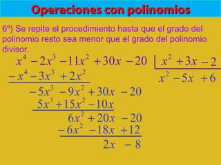 Operaciones con polinomiosOperaciones con polinomios
6º) Se repite el procedimiento hasta que el grado del
polinomio resto sea menor que el grado del polinomio
divisor.
3
2x−4
x 2
11x− x30+ 20− 2
x x3+ 2−
2
x
234
23 xxx +−−
203095 23
−+−− xxx
x5−
xxx 10155 23
−+
20206 2
−+ xx
6+
12186 2
+−− xx
82 −x
 