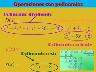 Operaciones con polinomiosOperaciones con polinomios
3
2x−4
x 2
11x− x30+ 20− 2
x x3+ 2−
2
x x5− 6+
Polinomio dividendo
=)(xD Polinomio divisor
Polinomio cociente
Polinomio resto
=)(xd
=)(xc
=)(xr 82 −x
 
