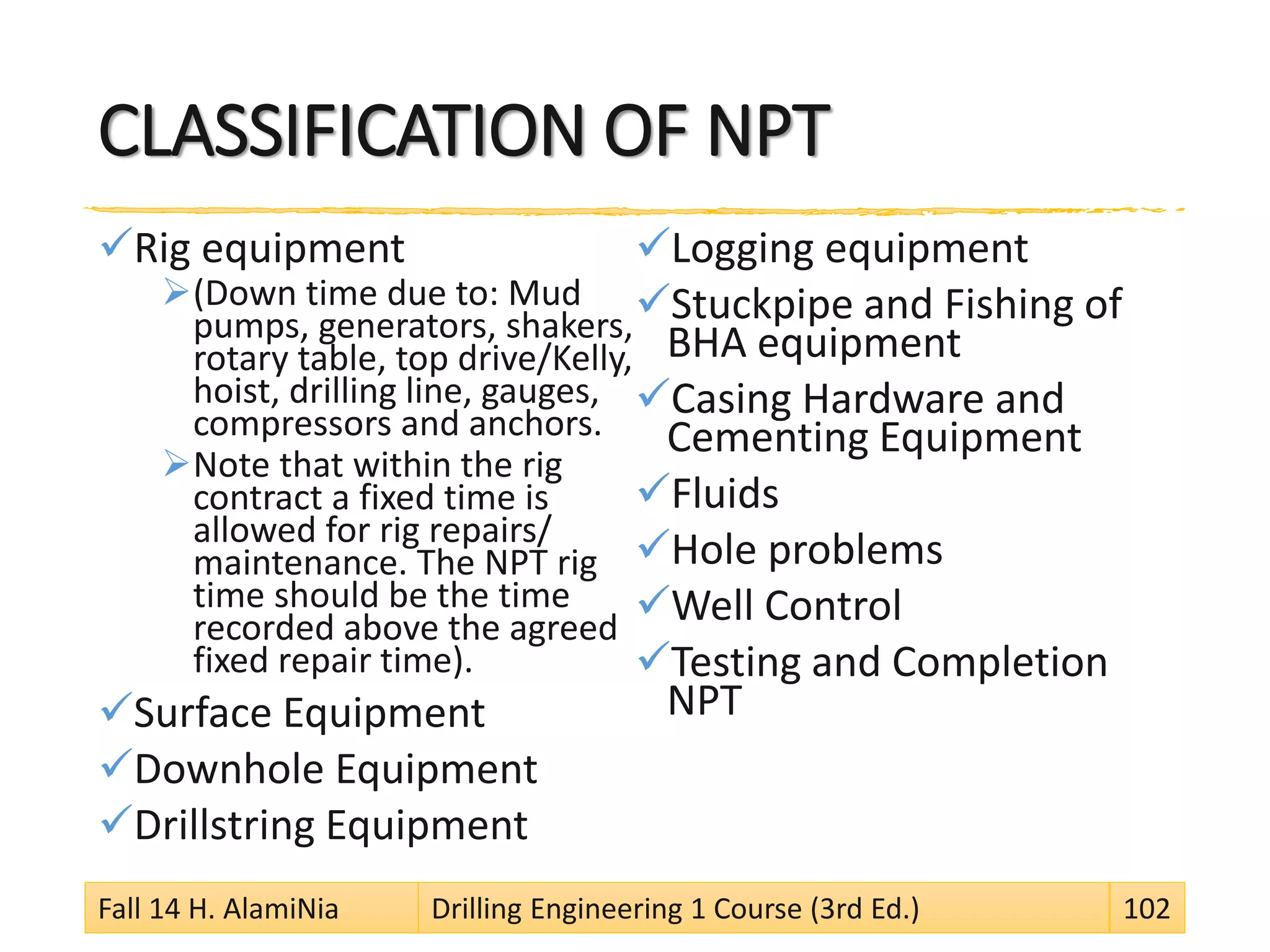 CLASSIFICATION OF NPT
Rig equipment
(Down time due to: Mud
pumps, generators, shakers,
rotary table, top drive/Kelly,
hoist, drilling line, gauges,
compressors and anchors.
Note that within the rig
contract a fixed time is
allowed for rig repairs/
maintenance. The NPT rig
time should be the time
recorded above the agreed
fixed repair time).
Surface Equipment
Downhole Equipment
Drillstring Equipment
Logging equipment
Stuckpipe and Fishing of
BHA equipment
Casing Hardware and
Cementing Equipment
Fluids
Hole problems
Well Control
Testing and Completion
NPT
Fall 14 H. AlamiNia Drilling Engineering 1 Course (3rd Ed.) 102
 