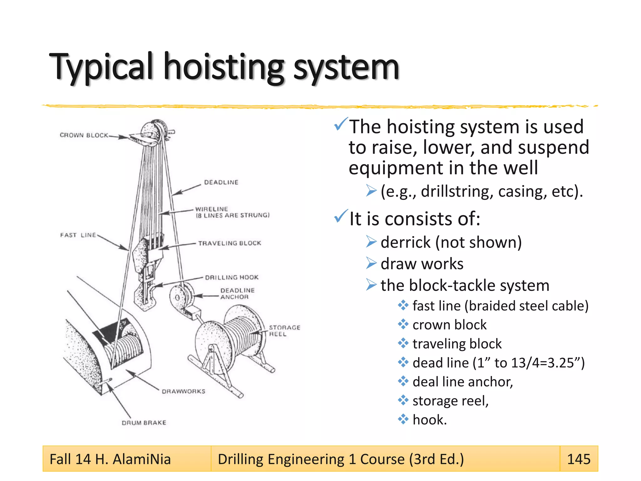 Typical hoisting system
The hoisting system is used
to raise, lower, and suspend
equipment in the well
(e.g., drillstring, casing, etc).
It is consists of:
derrick (not shown)
draw works
the block-tackle system
 fast line (braided steel cable)
 crown block
 traveling block
 dead line (1” to 13/4=3.25”)
 deal line anchor,
 storage reel,
 hook.
Fall 14 H. AlamiNia Drilling Engineering 1 Course (3rd Ed.) 145
 