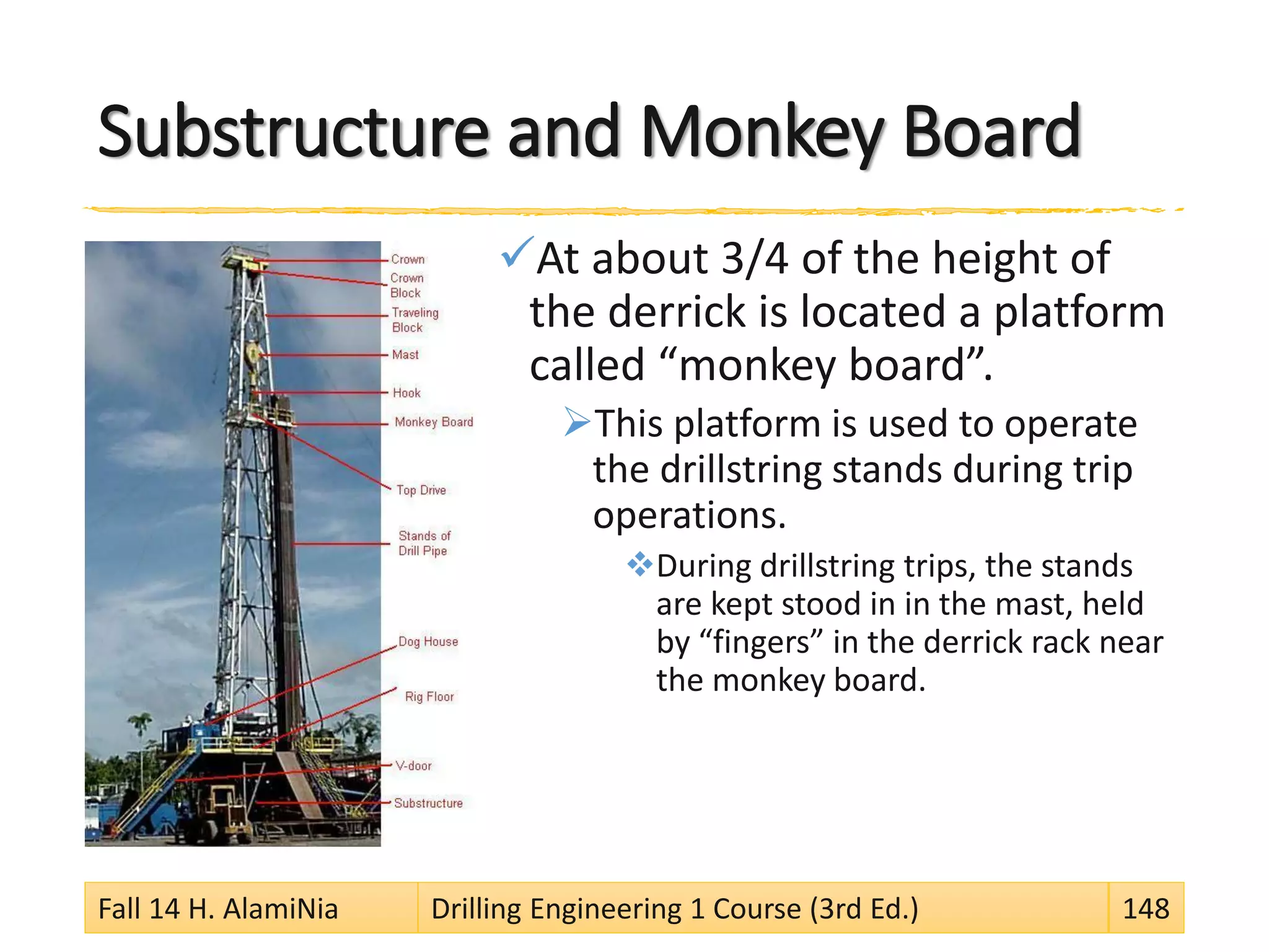 Substructure and Monkey Board
At about 3/4 of the height of
the derrick is located a platform
called “monkey board”.
This platform is used to operate
the drillstring stands during trip
operations.
During drillstring trips, the stands
are kept stood in in the mast, held
by “fingers” in the derrick rack near
the monkey board.
Fall 14 H. AlamiNia Drilling Engineering 1 Course (3rd Ed.) 148
 