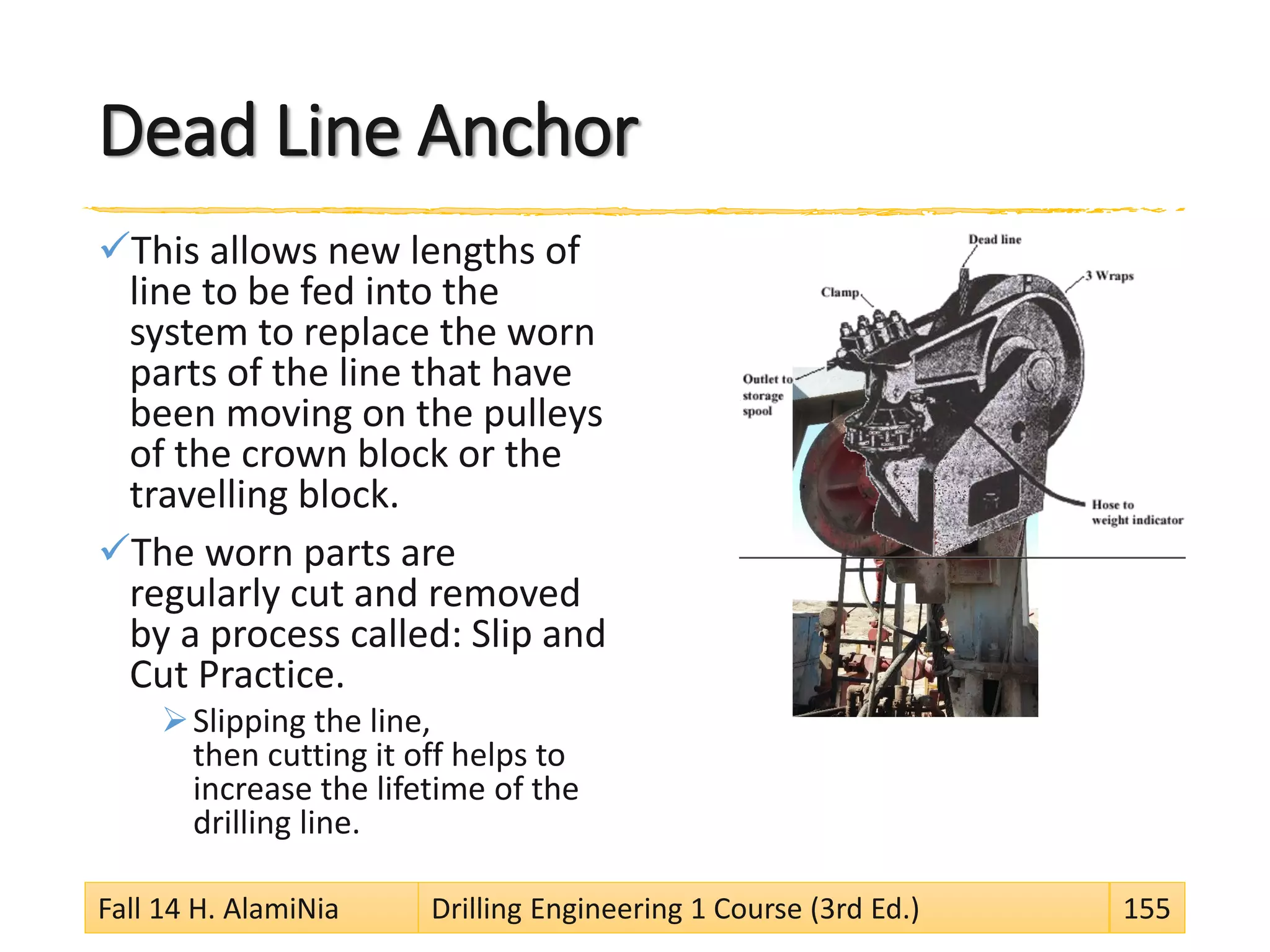 Dead Line Anchor
This allows new lengths of
line to be fed into the
system to replace the worn
parts of the line that have
been moving on the pulleys
of the crown block or the
travelling block.
The worn parts are
regularly cut and removed
by a process called: Slip and
Cut Practice.
Slipping the line,
then cutting it off helps to
increase the lifetime of the
drilling line.
Fall 14 H. AlamiNia Drilling Engineering 1 Course (3rd Ed.) 155
 