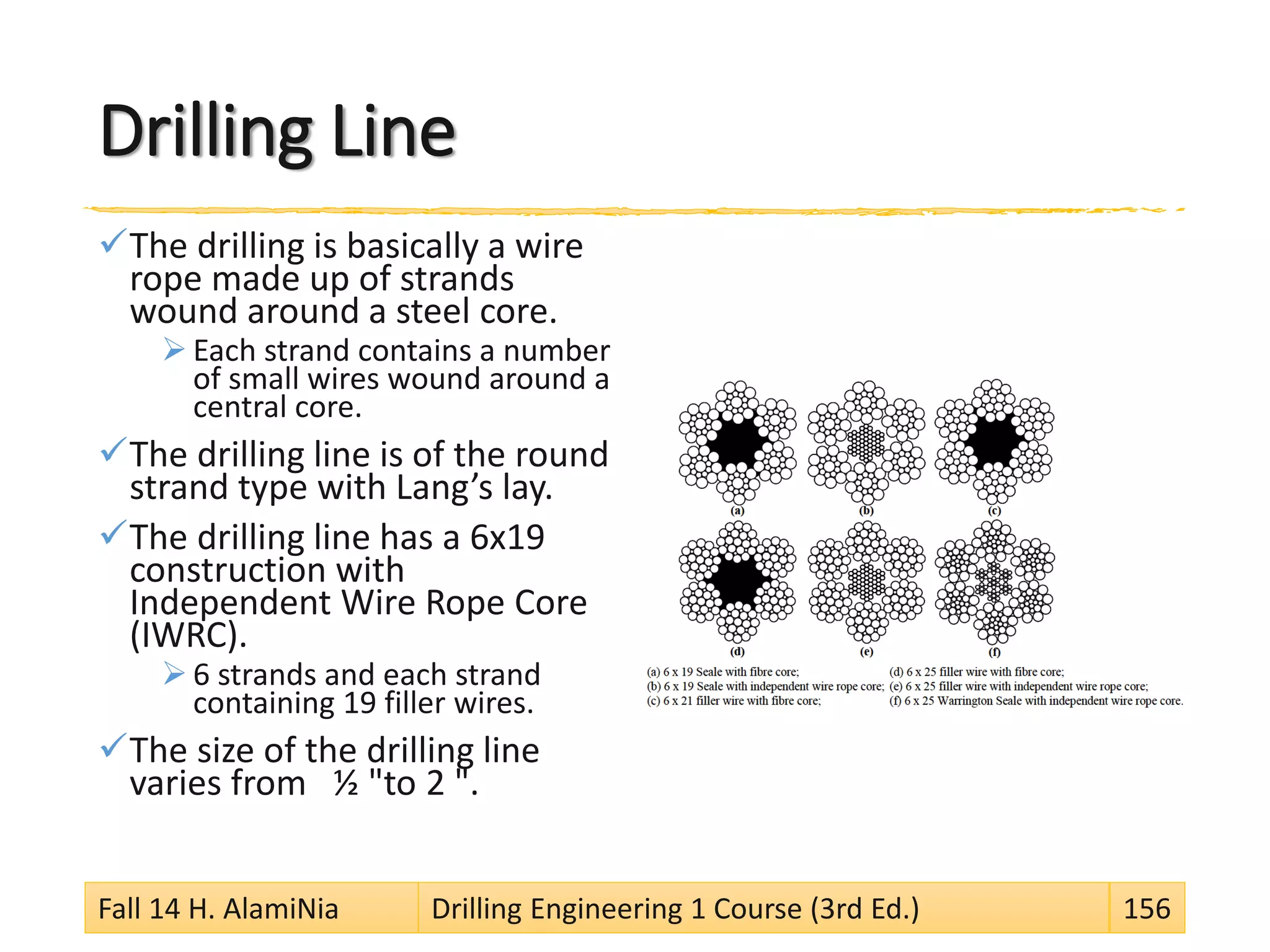 Drilling Line
The drilling is basically a wire
rope made up of strands
wound around a steel core.
 Each strand contains a number
of small wires wound around a
central core.
The drilling line is of the round
strand type with Lang’s lay.
The drilling line has a 6x19
construction with
Independent Wire Rope Core
(IWRC).
 6 strands and each strand
containing 19 filler wires.
The size of the drilling line
varies from ½ "to 2 ".
Fall 14 H. AlamiNia Drilling Engineering 1 Course (3rd Ed.) 156
 