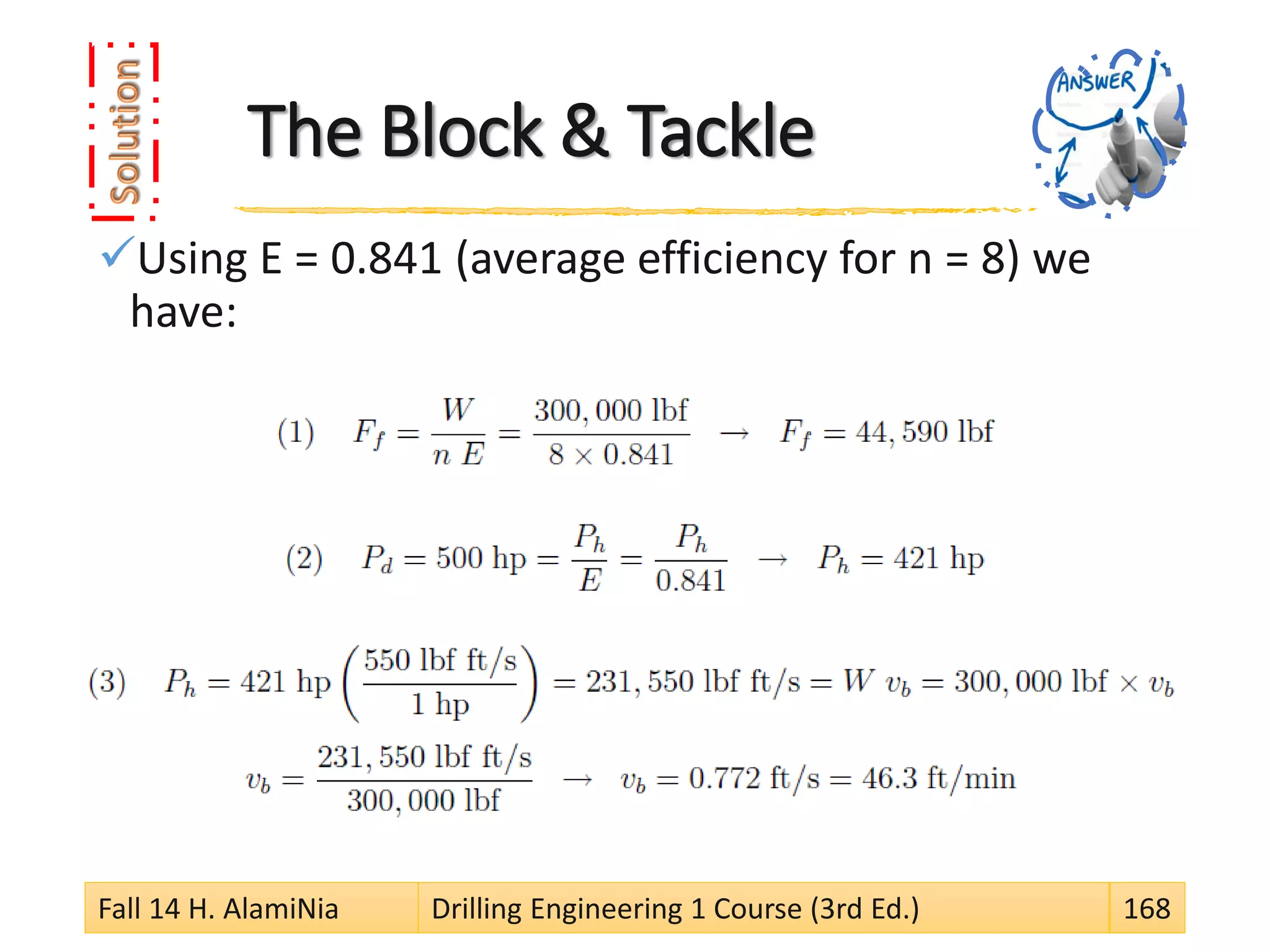 The Block & Tackle
Using E = 0.841 (average efficiency for n = 8) we
have:
Fall 14 H. AlamiNia Drilling Engineering 1 Course (3rd Ed.) 168
 