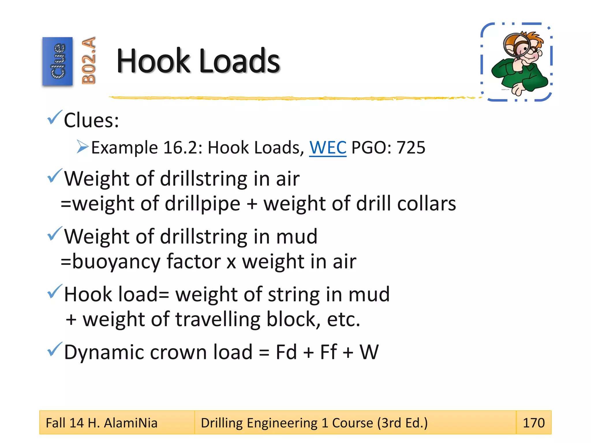 Hook Loads
Clues:
Example 16.2: Hook Loads, WEC PGO: 725
Weight of drillstring in air
=weight of drillpipe + weight of drill collars
Weight of drillstring in mud
=buoyancy factor x weight in air
Hook load= weight of string in mud
+ weight of travelling block, etc.
Dynamic crown load = Fd + Ff + W
Fall 14 H. AlamiNia Drilling Engineering 1 Course (3rd Ed.) 170
 