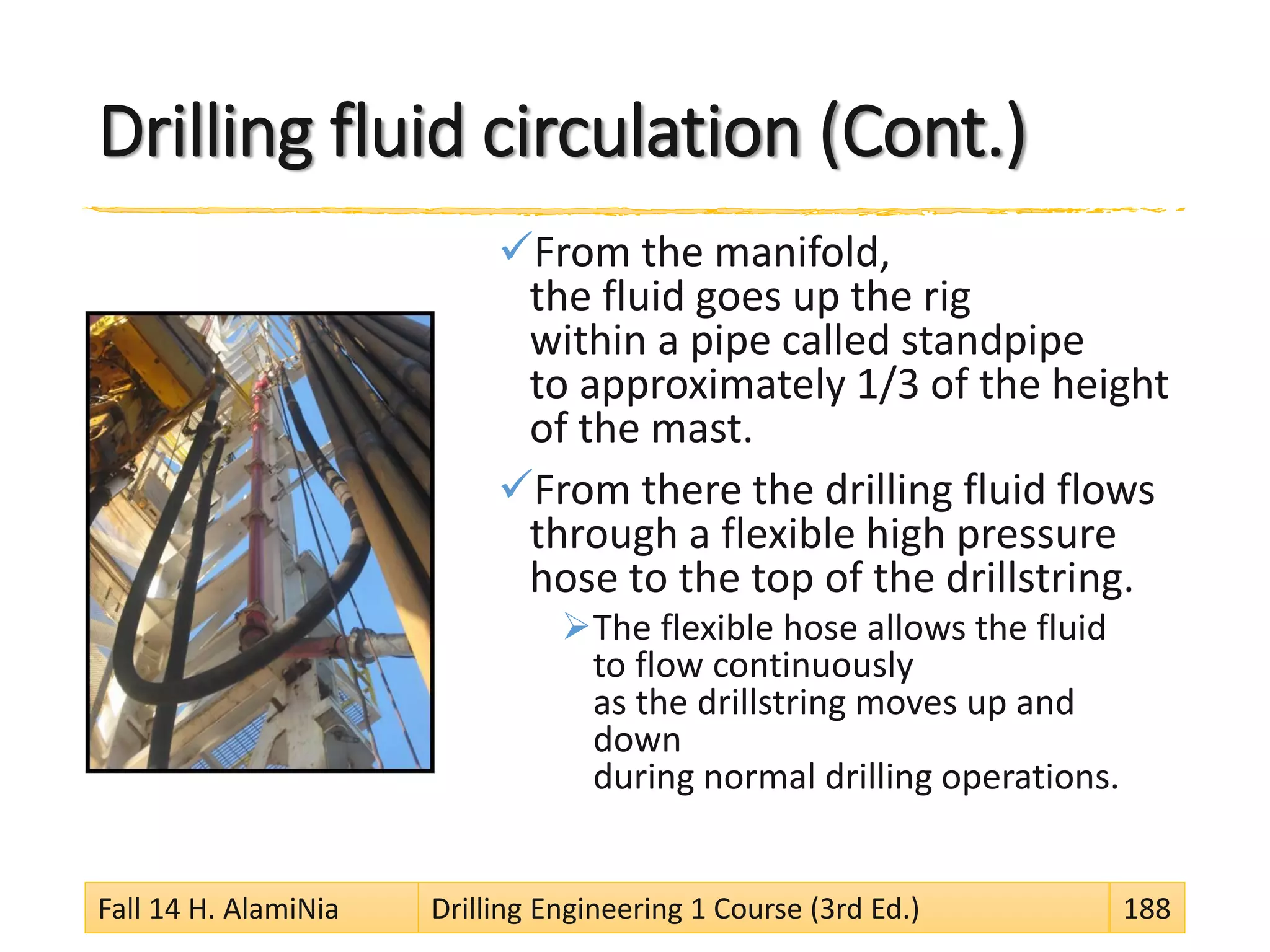 Drilling fluid circulation (Cont.)
From the manifold,
the fluid goes up the rig
within a pipe called standpipe
to approximately 1/3 of the height
of the mast.
From there the drilling fluid flows
through a flexible high pressure
hose to the top of the drillstring.
The flexible hose allows the fluid
to flow continuously
as the drillstring moves up and
down
during normal drilling operations.
Fall 14 H. AlamiNia Drilling Engineering 1 Course (3rd Ed.) 188
 