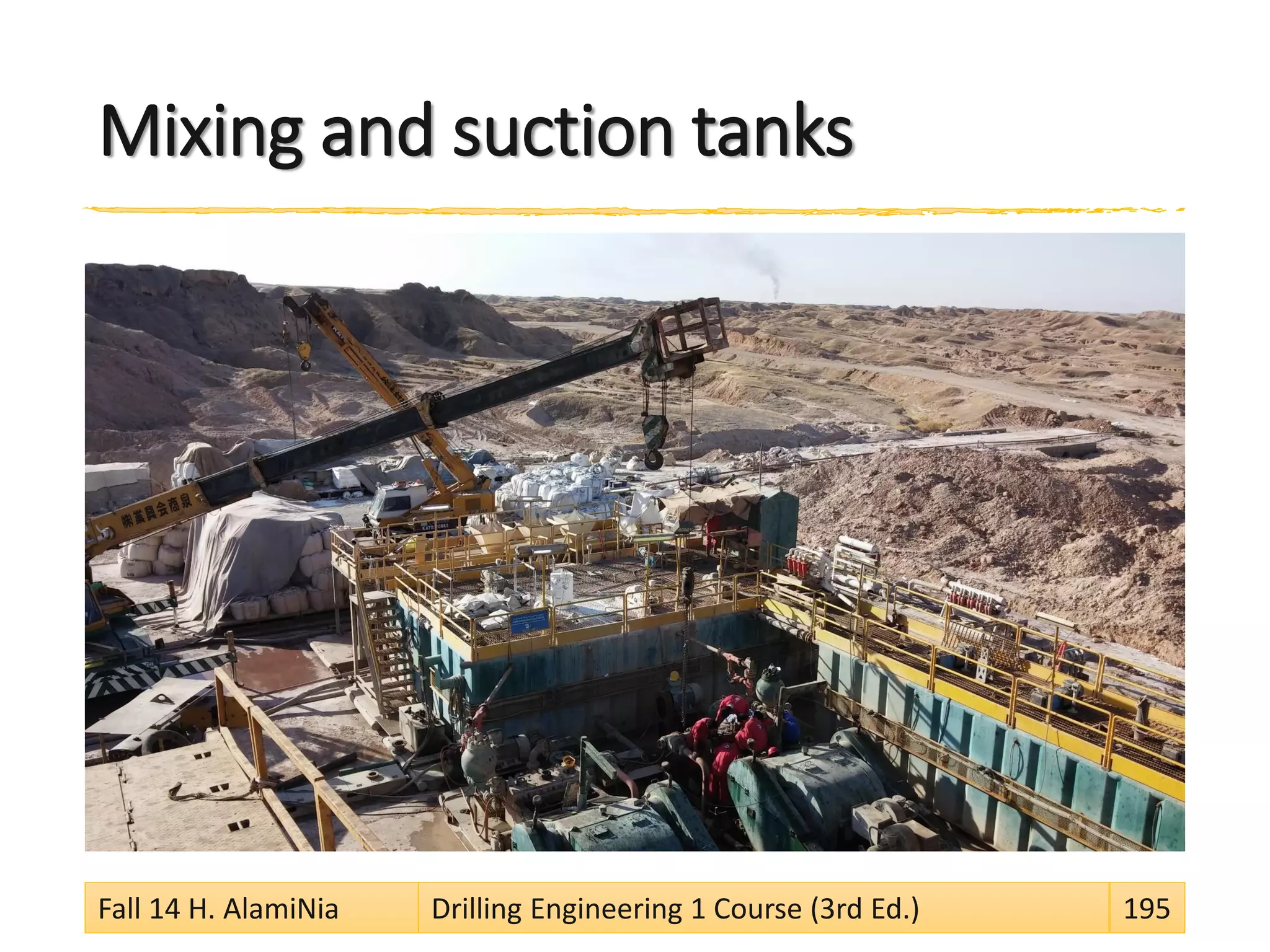 Mixing and suction tanks
Fall 14 H. AlamiNia Drilling Engineering 1 Course (3rd Ed.) 195
 