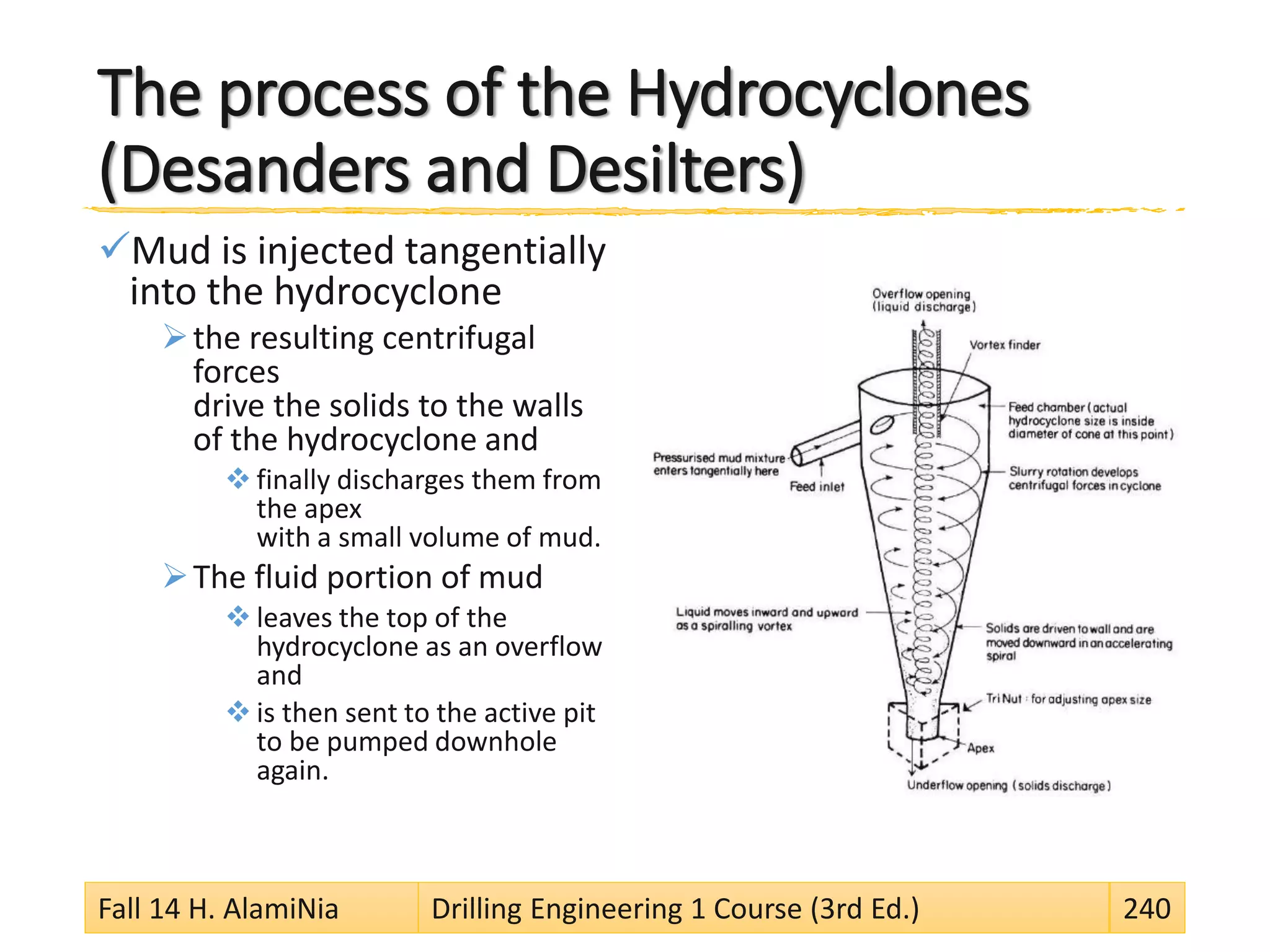 The process of the Hydrocyclones
(Desanders and Desilters)
Mud is injected tangentially
into the hydrocyclone
the resulting centrifugal
forces
drive the solids to the walls
of the hydrocyclone and
 finally discharges them from
the apex
with a small volume of mud.
The fluid portion of mud
 leaves the top of the
hydrocyclone as an overflow
and
 is then sent to the active pit
to be pumped downhole
again.
Fall 14 H. AlamiNia Drilling Engineering 1 Course (3rd Ed.) 240
 