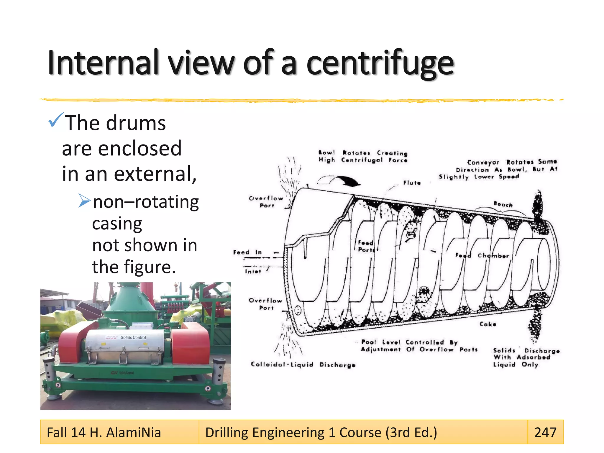 Internal view of a centrifuge
The drums
are enclosed
in an external,
non–rotating
casing
not shown in
the figure.
Fall 14 H. AlamiNia Drilling Engineering 1 Course (3rd Ed.) 247
 