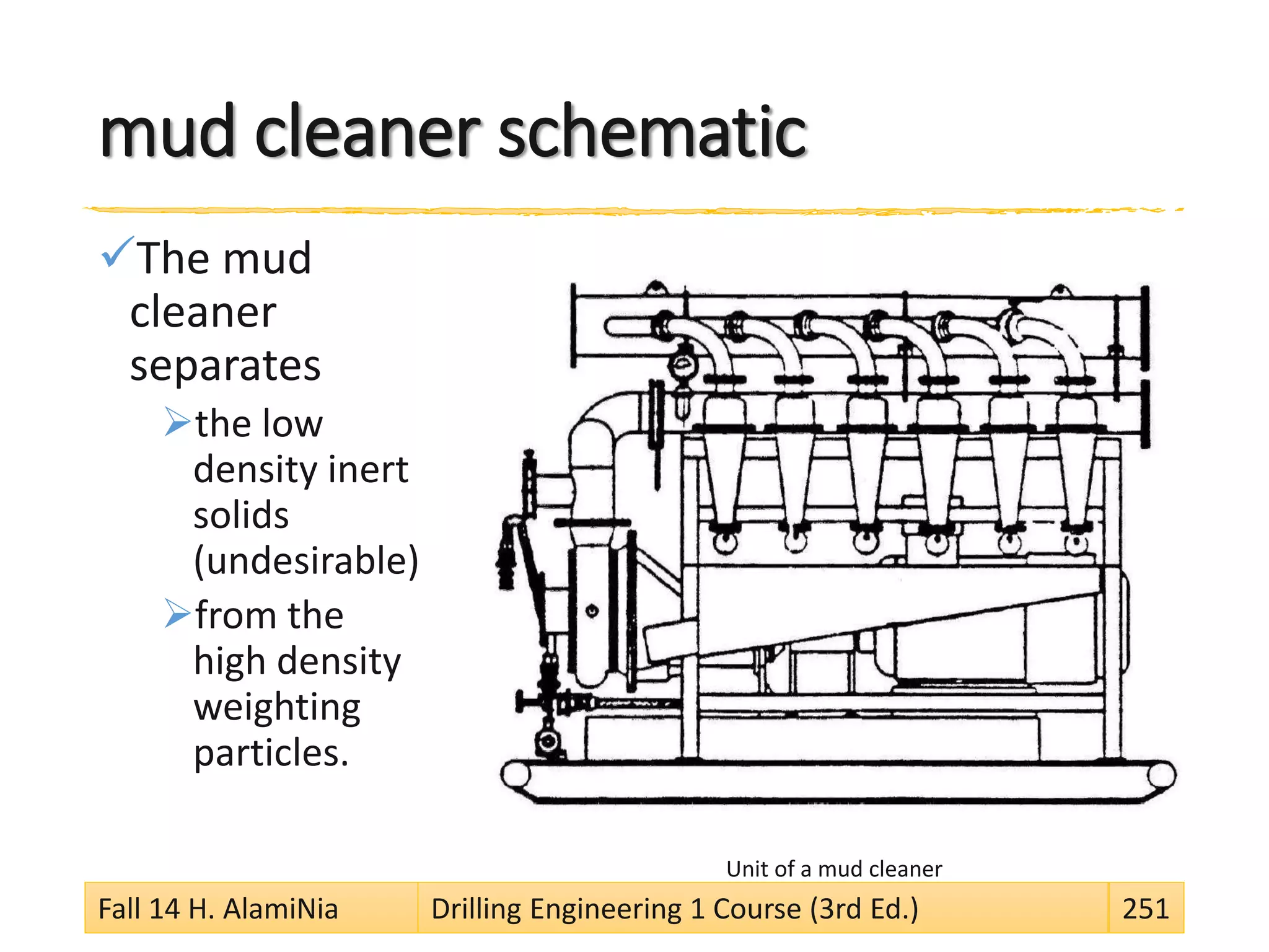 mud cleaner schematic
The mud
cleaner
separates
the low
density inert
solids
(undesirable)
from the
high density
weighting
particles.
Unit of a mud cleaner
Fall 14 H. AlamiNia Drilling Engineering 1 Course (3rd Ed.) 251
 