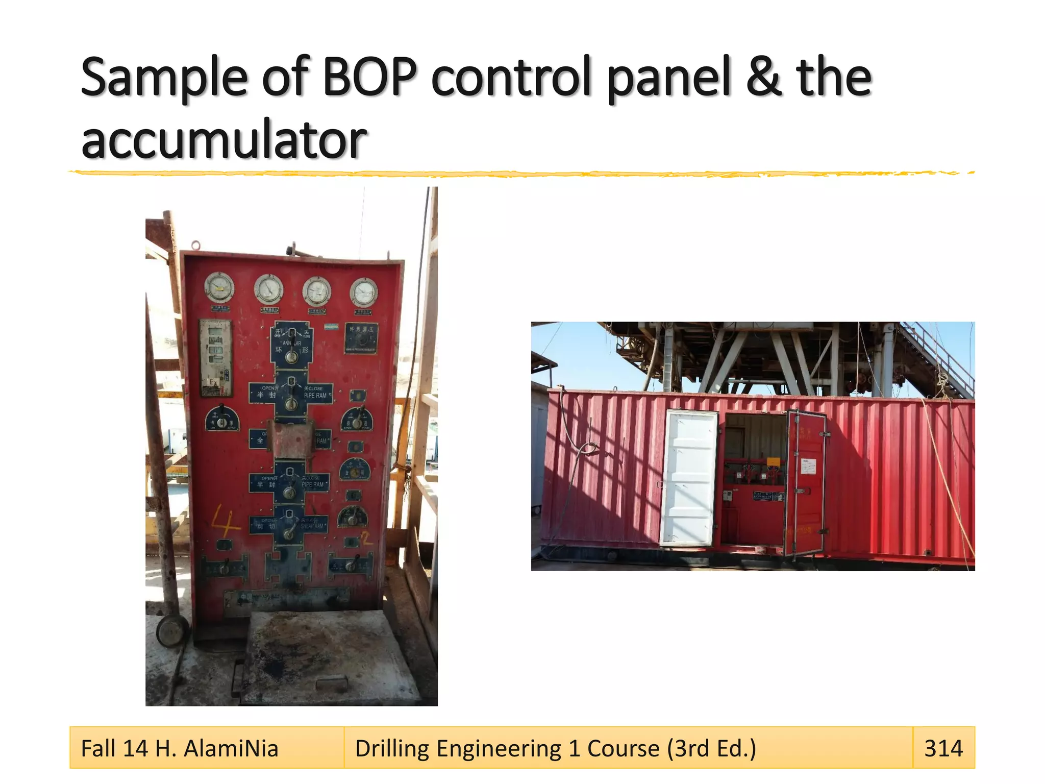 Sample of BOP control panel & the
accumulator
Fall 14 H. AlamiNia Drilling Engineering 1 Course (3rd Ed.) 314
 