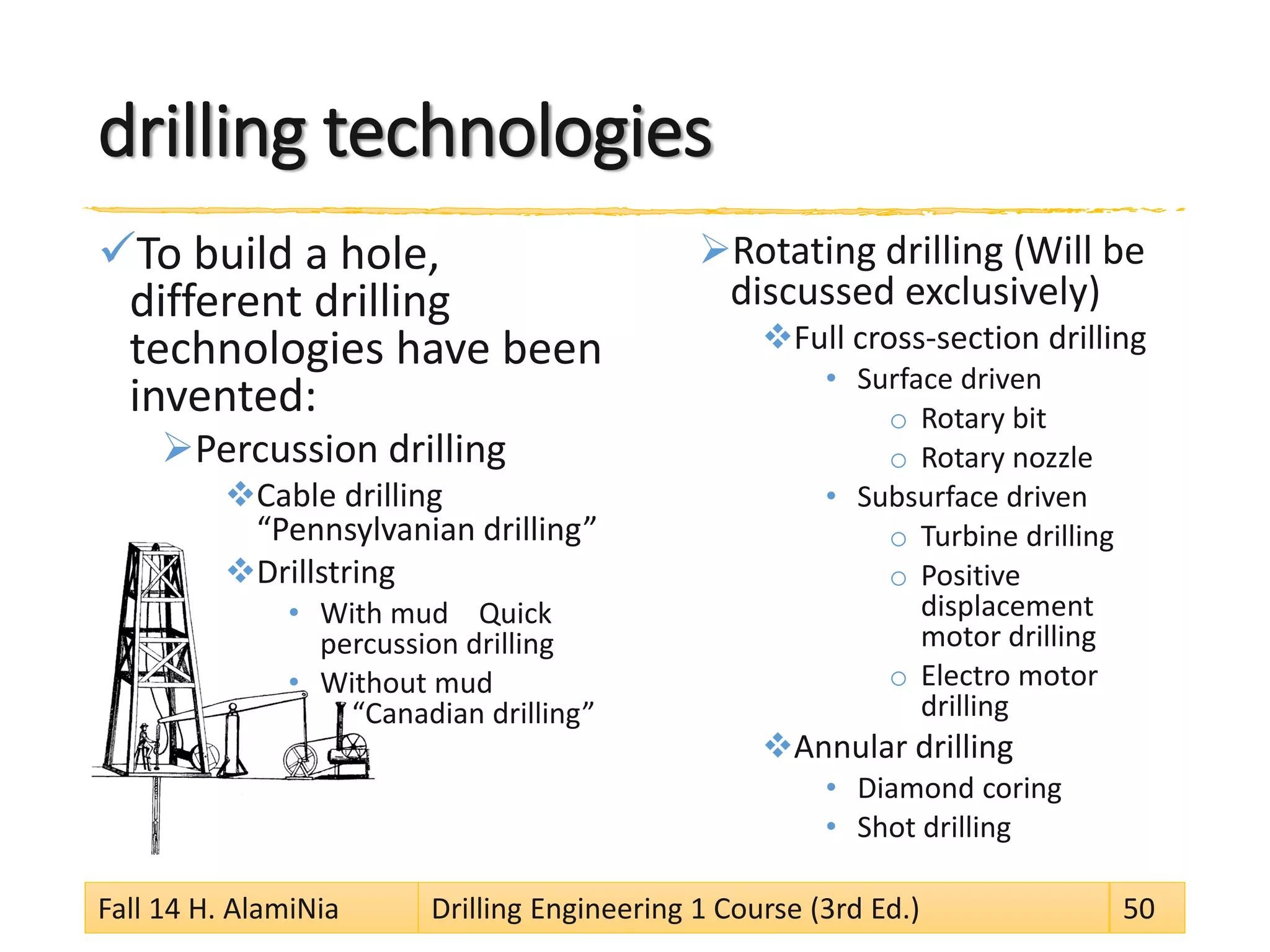drilling technologies
To build a hole,
different drilling
technologies have been
invented:
Percussion drilling
Cable drilling
“Pennsylvanian drilling”
Drillstring
• With mud Quick
percussion drilling
• Without mud
“Canadian drilling”
Rotating drilling (Will be
discussed exclusively)
Full cross-section drilling
• Surface driven
o Rotary bit
o Rotary nozzle
• Subsurface driven
o Turbine drilling
o Positive
displacement
motor drilling
o Electro motor
drilling
Annular drilling
• Diamond coring
• Shot drilling
Fall 14 H. AlamiNia Drilling Engineering 1 Course (3rd Ed.) 50
 