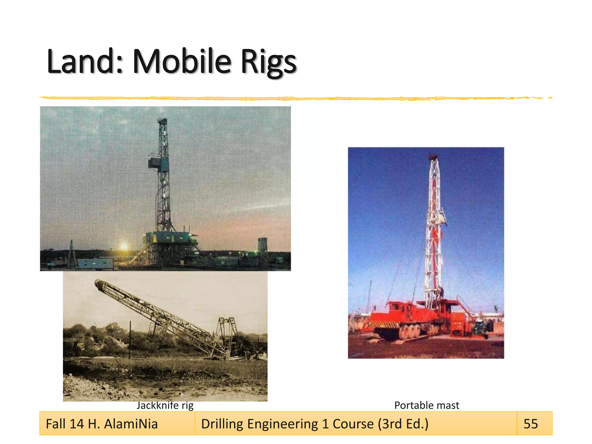 Land: Mobile Rigs
Jackknife rig Portable mast
Fall 14 H. AlamiNia Drilling Engineering 1 Course (3rd Ed.) 55
 