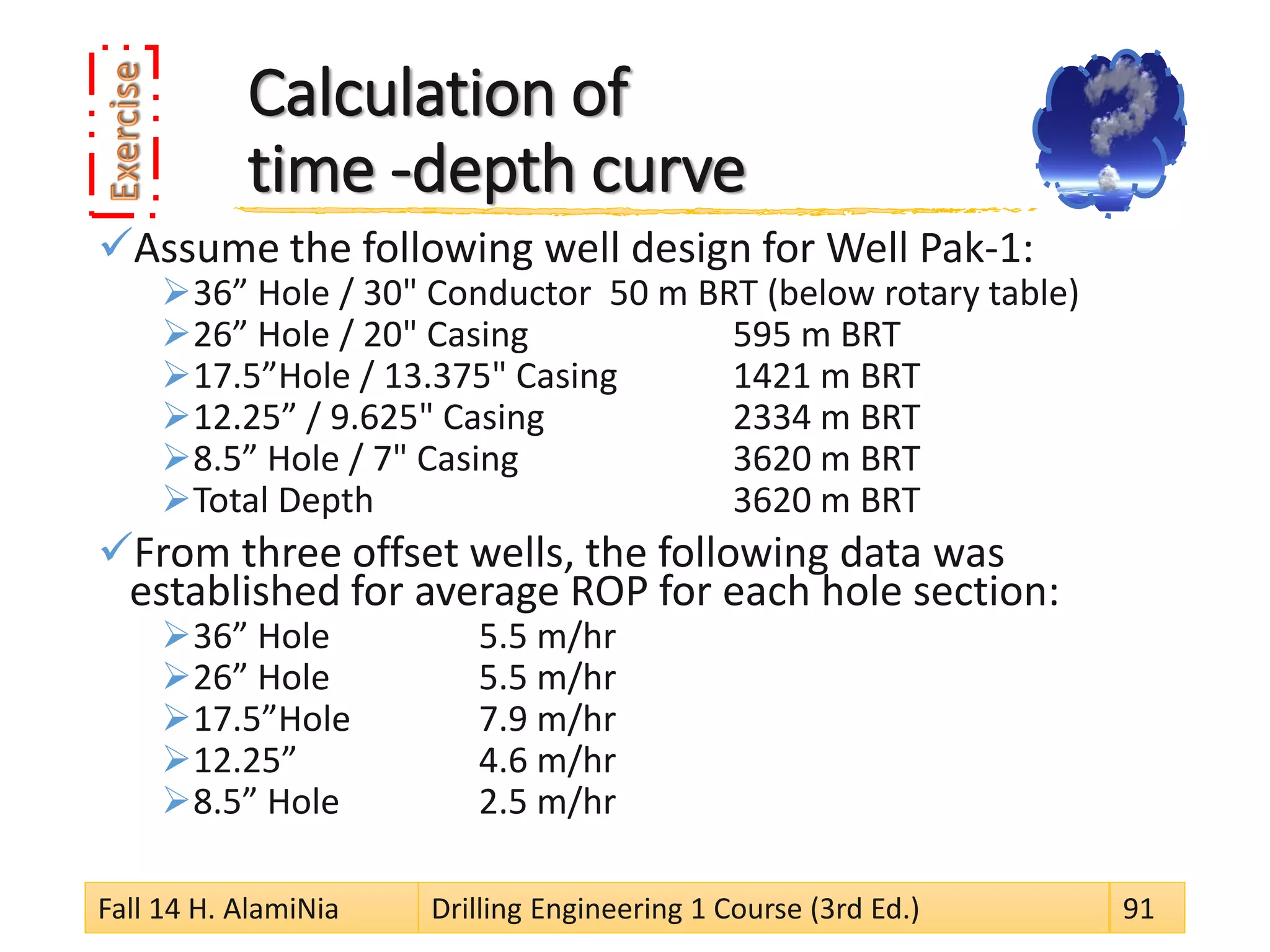 Calculation of
time -depth curve
Assume the following well design for Well Pak-1:
36” Hole / 30" Conductor 50 m BRT (below rotary table)
26” Hole / 20" Casing 595 m BRT
17.5”Hole / 13.375" Casing 1421 m BRT
12.25” / 9.625" Casing 2334 m BRT
8.5” Hole / 7" Casing 3620 m BRT
Total Depth 3620 m BRT
From three offset wells, the following data was
established for average ROP for each hole section:
36” Hole 5.5 m/hr
26” Hole 5.5 m/hr
17.5”Hole 7.9 m/hr
12.25” 4.6 m/hr
8.5” Hole 2.5 m/hr
Fall 14 H. AlamiNia Drilling Engineering 1 Course (3rd Ed.) 91
 