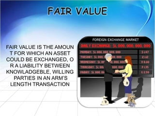 FAIR VALUE IS THE AMOUN
T FOR WHICH AN ASSET
COULD BE EXCHANGED, O
R A LIABILITY BETWEEN
KNOWLADGEBLE, WILLING
PARTIES IN AN ARM’S
LENGTH TRANSACTION
 