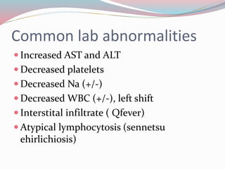 Common lab abnormalities 
 Increased AST and ALT 
 Decreased platelets 
 Decreased Na (+/-) 
 Decreased WBC (+/-), left shift 
 Interstital infiltrate ( Qfever) 
 Atypical lymphocytosis (sennetsu 
ehirlichiosis) 
 