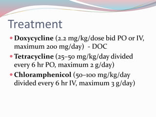 Treatment 
Doxycycline (2.2 mg/kg/dose bid PO or IV, 
maximum 200 mg/day) - DOC 
Tetracycline (25–50 mg/kg/day divided 
every 6 hr PO, maximum 2 g/day) 
 Chloramphenicol (50–100 mg/kg/day 
divided every 6 hr IV, maximum 3 g/day) 
 