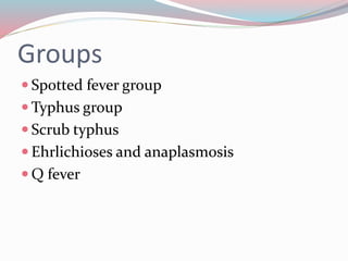 Groups 
 Spotted fever group 
Typhus group 
 Scrub typhus 
 Ehrlichioses and anaplasmosis 
 Q fever 
 