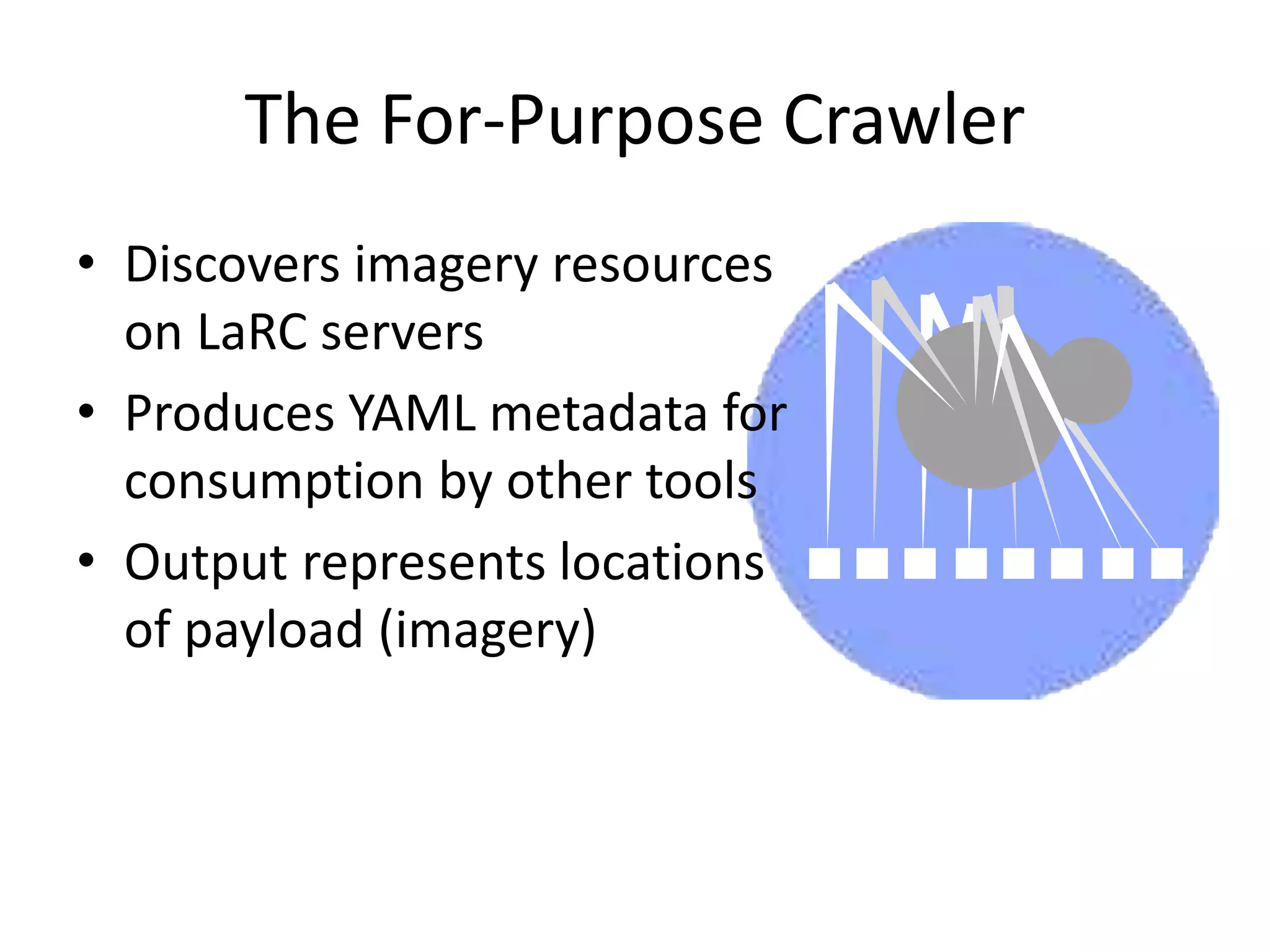 The For-Purpose Crawler
• Discovers imagery resources
on LaRC servers
• Produces YAML metadata for
consumption by other tools
• Output represents locations
of payload (imagery)
 